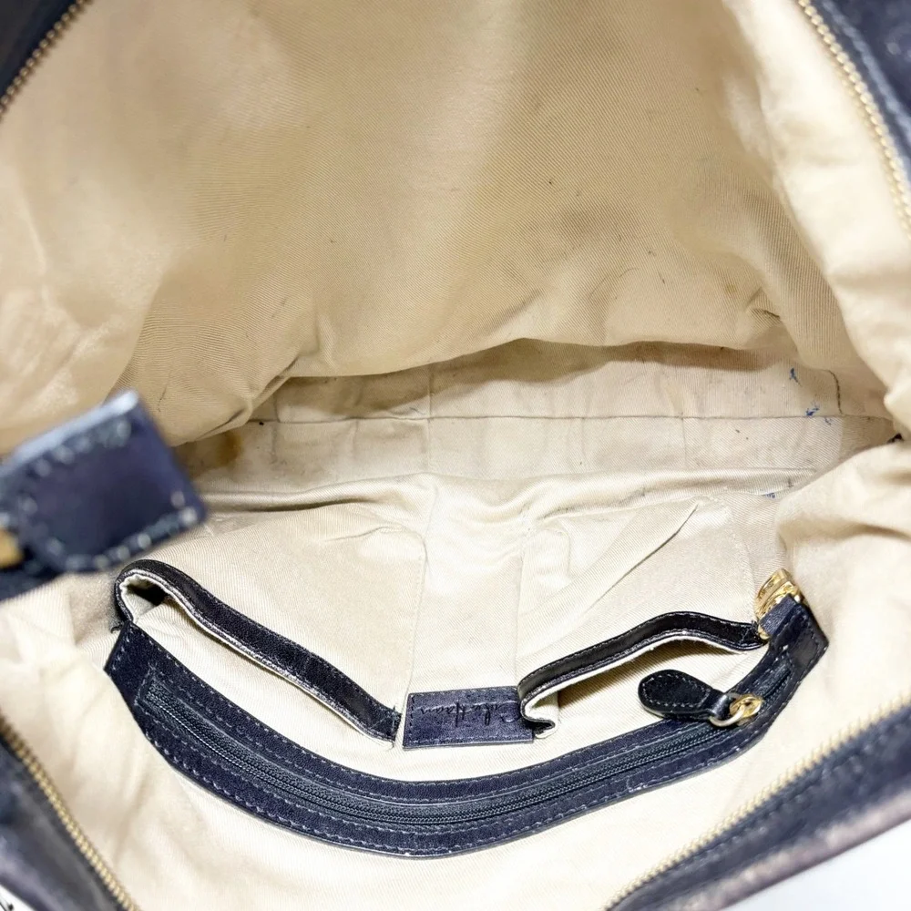 Cole Haan Black Checkered Fabric Leather Hobo Bag Tassel Gold Hardware
